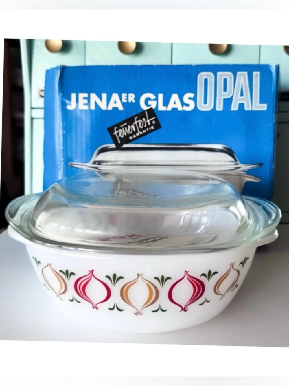Schott Mainz Jena Glas Opal Onion Casserole Lid Vintage Germany 1960s w/ Box